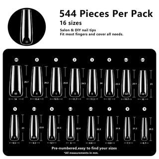 Long Square Nail Tips-544Pcs 16 Sizes