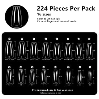 Medium Coffin Nail Tips-224Pcs 16 Sizes