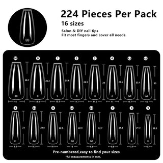Long Coffin Nail Tips-224Pcs 16 Sizes
