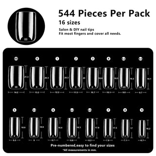 Short Square Nail Tips-544Pcs 16 Sizes