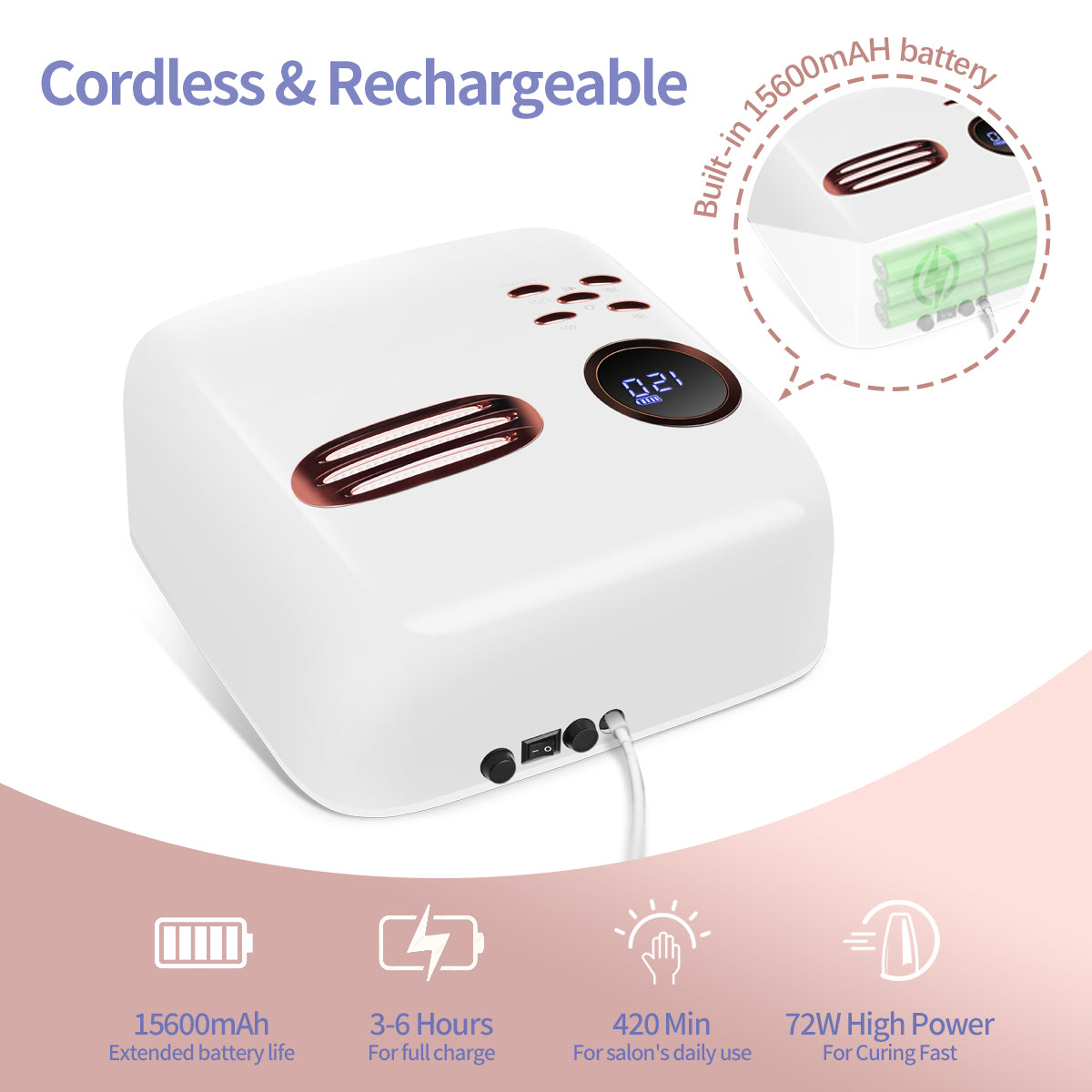 Bete Cordless LED Nail Lamp, Wireless Nail Dryer, 72W Rechargeable LED Nail Light, Portable Gel UV LED Nail Lamp with 4 Timer Setting Sensor and LCD